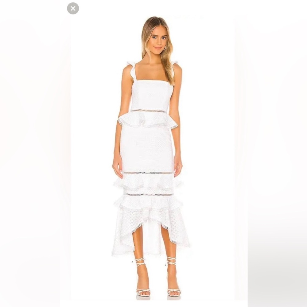 NBD White Midi Sundress with Peplum and Ruffled Tiers